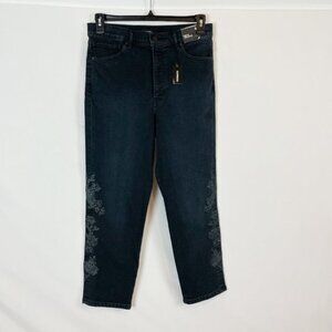 Express Jeans 10 Black Denim Floral Embroidered Mom Jean Super High Rise